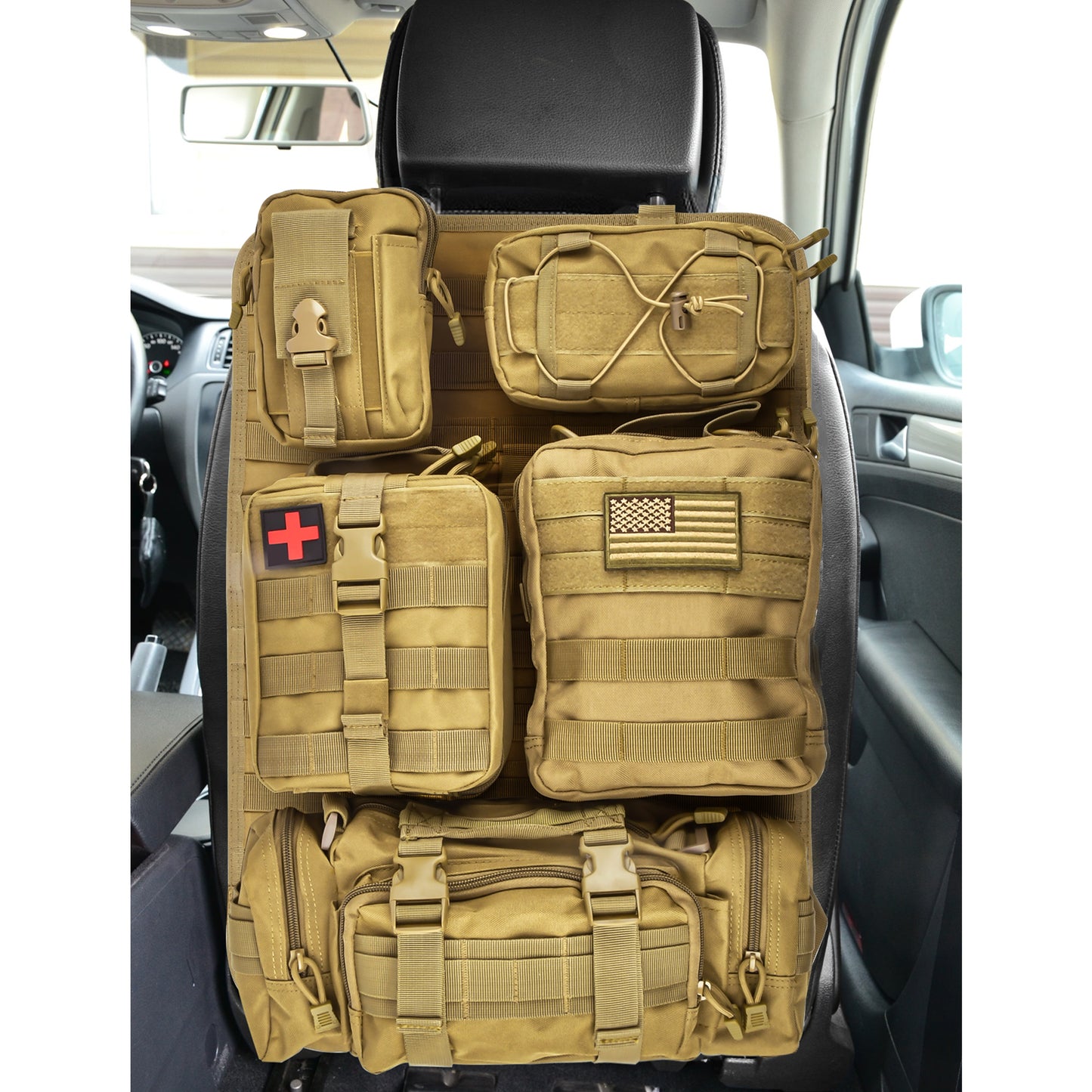 Tactical Seat Back Organizer, With 5 Detachable Multi-Purpose Molle Pouch, Khaki