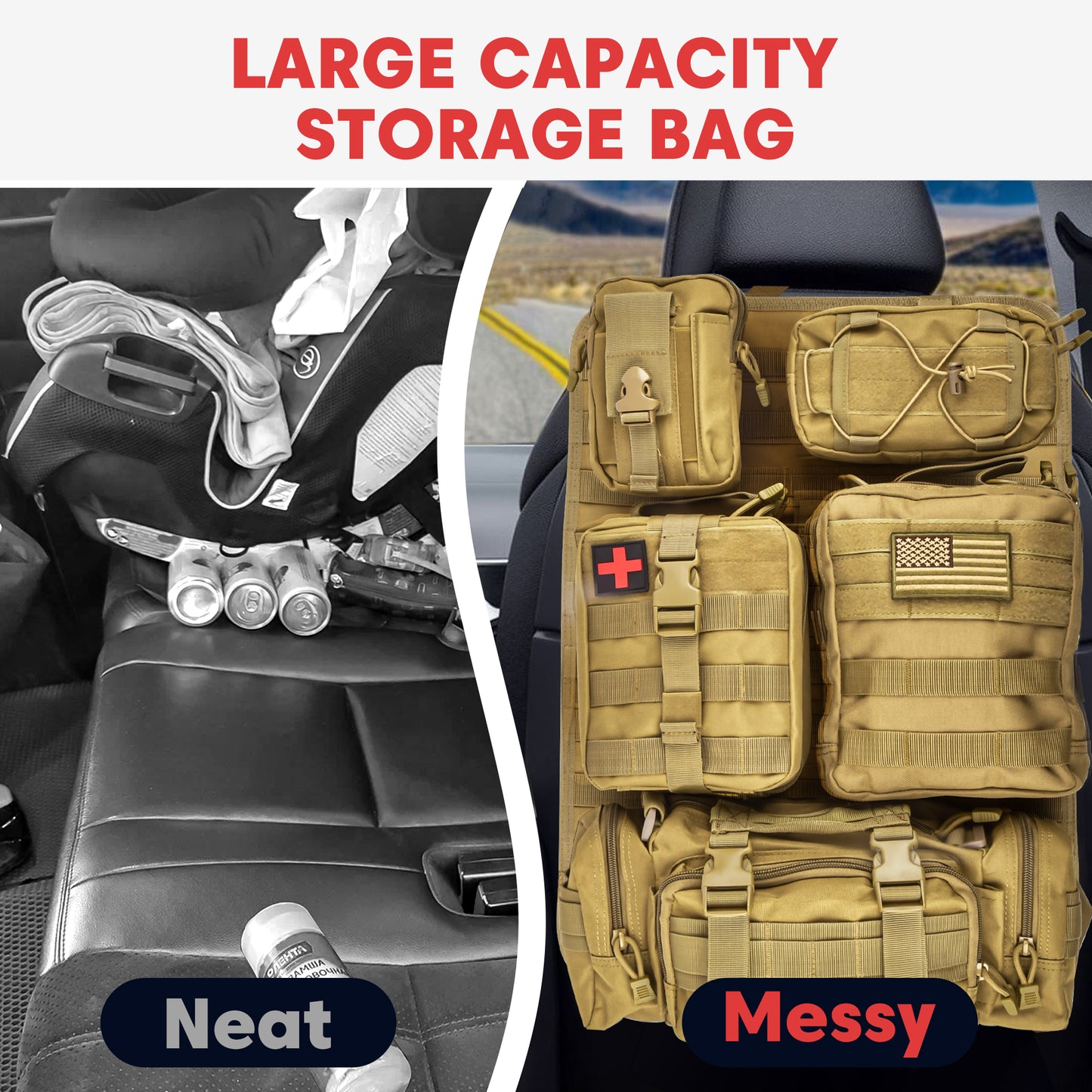 Tactical Seat Back Organizer, With 5 Detachable Multi-Purpose Molle Pouch, Khaki